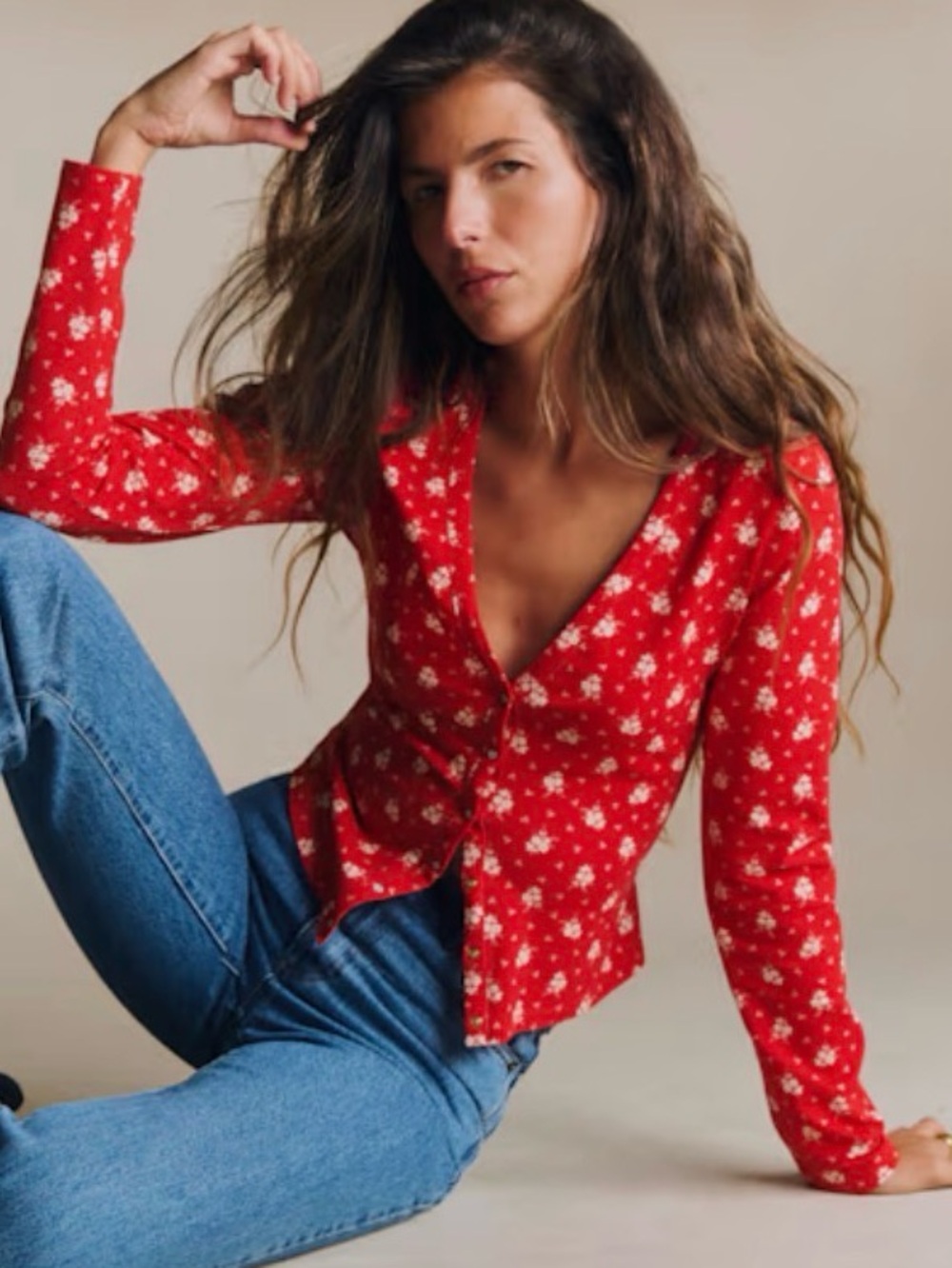 Sezane Red Floral Button-Front Blouse